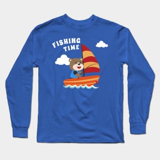 Vector cartoon illustration of cute bear fishing on sailboat with cartoon style. Long Sleeve T-Shirt